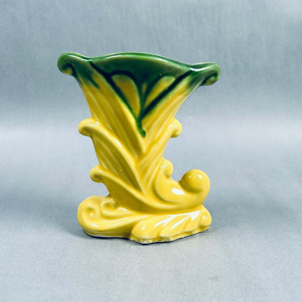 Vintage Shawnee Pottery Cornucopia Vase Model 835 Yellow and Green